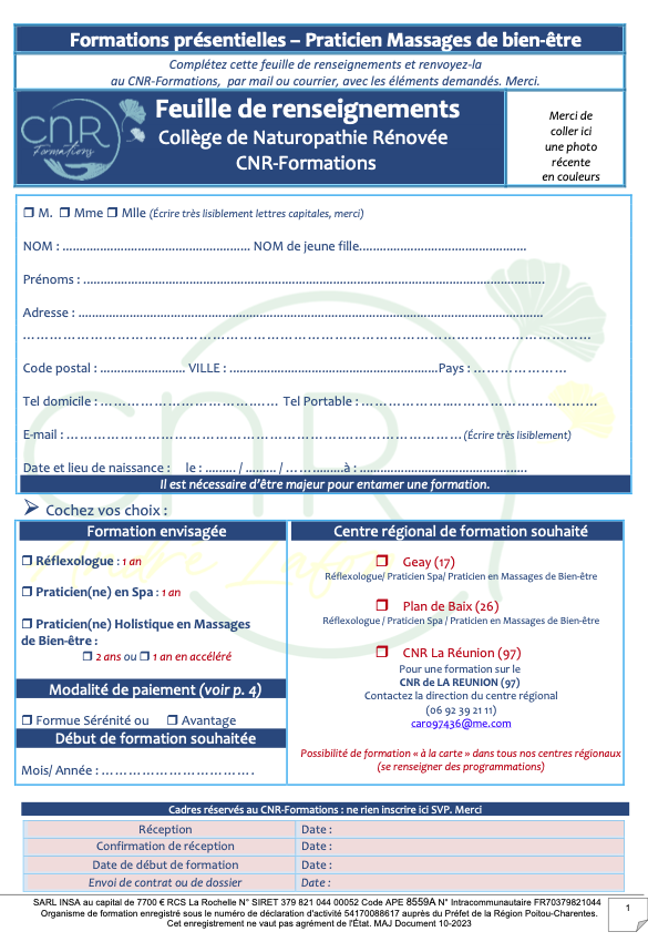 Tarifs CNR Formations Massage - Réflexologie